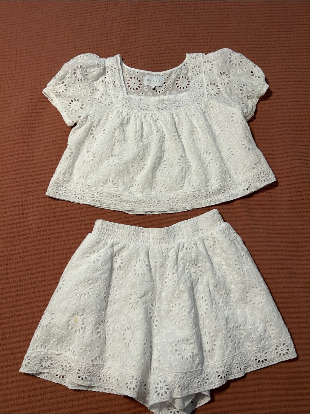 EUC- MABLE White Eyelet Short Sleeve Top & Shorts Set - medium